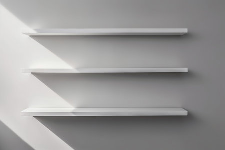 A tripple white shelf with the sun shining on it - Generative AIの素材