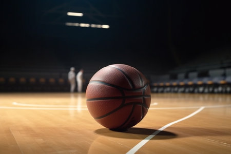 Basketball on the court with a man standing in the background - Generative AIの素材