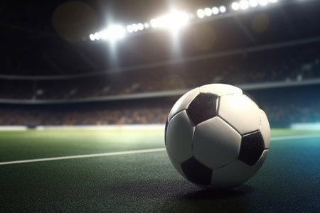 A football ball is on a field with a stadium lights in the background - Generative AIの素材