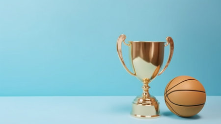 A gold trophy and a basketball on a blue tableの素材