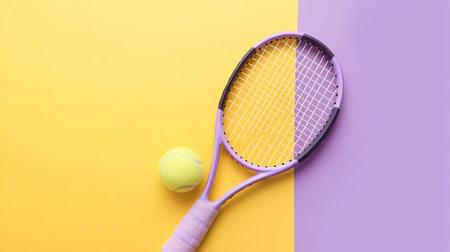 A purple tennis racket and a yellow ball on a yellow and purple background.の素材