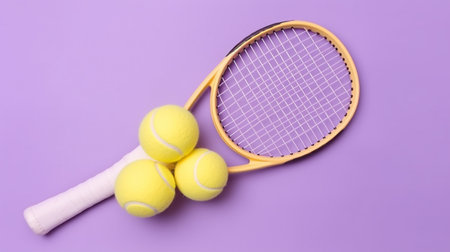 A tennis racket with a tennis ball on a purple backgroundの素材