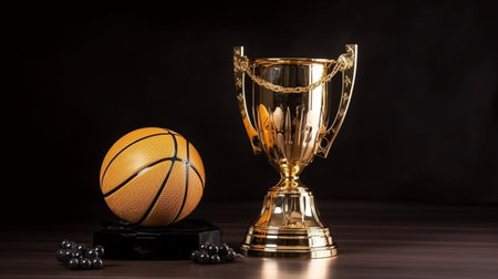 A golden basketball sits next to a trophy that says basketball on it.の素材