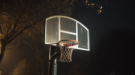 A basketball hoop is lit up at night with the words basketball on it.の素材