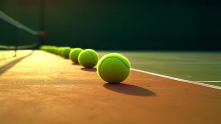 A line of tennis balls on a tennis courtの素材