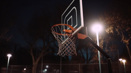 Basketball hoop at night with a light on the sideの素材