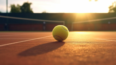 A tennis ball on a tennis court in the sunの素材