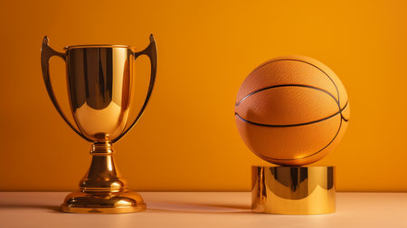 A basketball and a trophy are on a table and orange background.の素材