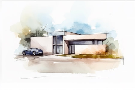 A sketch of a house with a car parked in front of it - Generative AIの素材