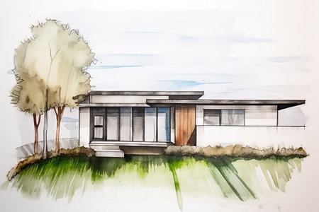 A watercolor sketch of a house with a tree in the background - Generative AIの素材