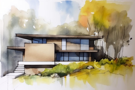 Watercolor painting of a modern house - Generative AIの素材