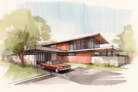 A sketch of a house with a red car parked in front of it - Generative AIの素材
