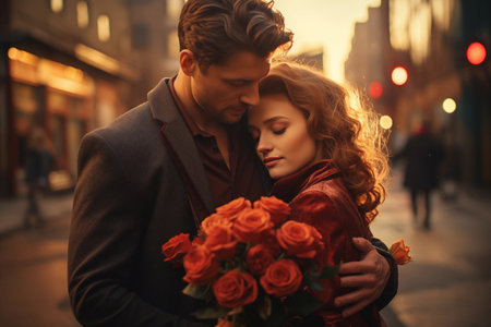 Beautiful couple in love with bouquet of roses in the city.の素材