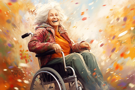Portrait of smiling senior woman in wheelchair against autumn colorful background.の素材