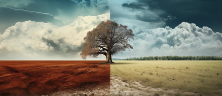 Lonely tree on the field. Conceptual image of natureの素材