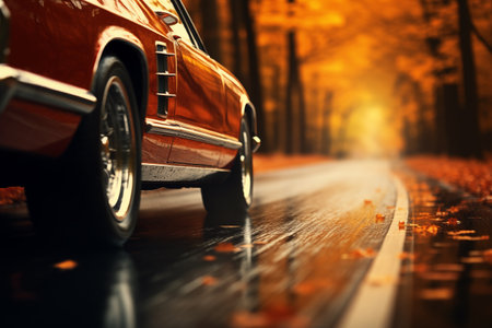 car on the road in the autumn forest. vintage style toned pictureの素材