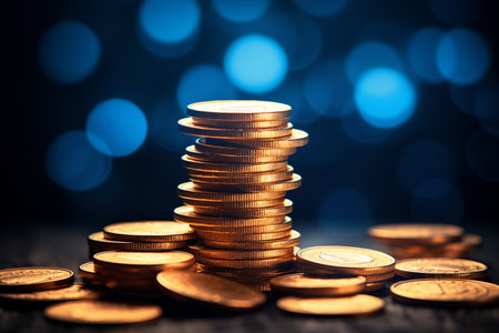 Stacks of gold coins on dark blue bokeh background.の素材