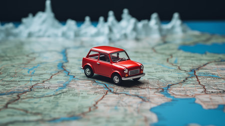 Red retro car on a map of the world. Travel concept.の素材