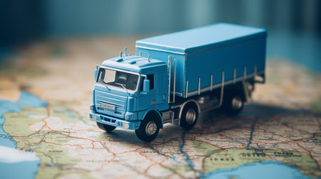 Truck on the map. Concept of freight transportation and logistics.の素材