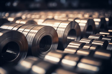 Rolls of metal profile in stock, industrial background, selective focusの素材