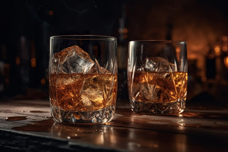 Two glasses of whiskey with ice on the rocks on a bar counterの素材