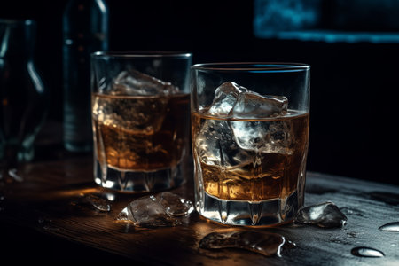 Two glasses of whiskey with ice cubes on a wooden table. Black background.の素材