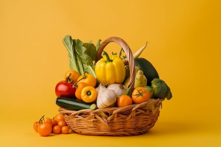 Fresh vegetables in a basket on a yellow background. Healthy food.の素材