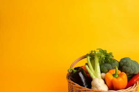 Fresh vegetables in a wicker basket on a yellow background. Copy space.の素材