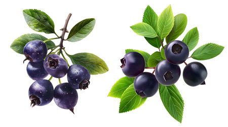Huckleberry berries with leaves isolated on white background.の素材