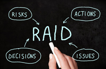 RAID - risks, actions, issues, decisions. Project management concept hand written on blackboardの写真素材