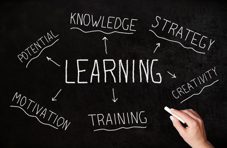 Learning concept with knowledge, strategy, potential, motivation, training, creativity steps hand written on chalkboardの写真素材