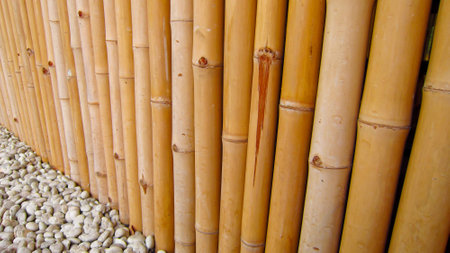 Lines of bamboo  fence with stones perspectiveの写真素材