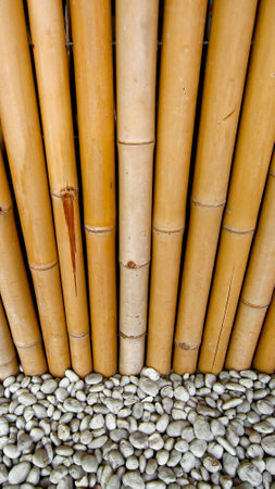 Lines of bamboo fence with white stonesの写真素材
