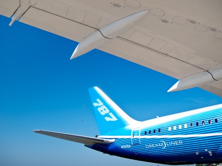 Tail and wing of Boeing Dreamliner at International Aviation & Space Salon in Moscow MAKS, August 16 2011, ZHUKOWSKY Russiaのeditorial素材