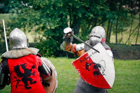 Knights Sword Fight at the Medieval Fair in Uniejow. August 06 2011 Polandのeditorial素材