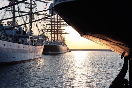 Tall ships MIR, SEDOV, stern of Krusenstern at Culture 2011 Tall Ships Regatta,20 large vessels,dozen of smaller boats,1000 participants.September 05,2011 in Gdynia, Polandのeditorial素材