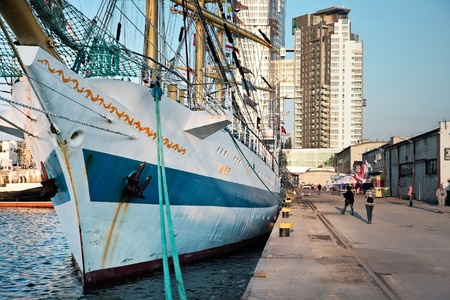 Training Tall ship STS MIR in port at Culture 2011 Tall Ships Regatta.20 large vessels,dozen of smaller boats,1000 participants.September 05,2011 in Gdynia, Polandのeditorial素材