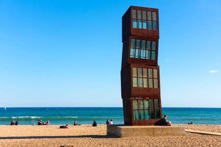 Barcelona beach Platja de Sant Sebastia, sculpture  Tribute to Barceloneta  by Rebecca Hornのeditorial素材