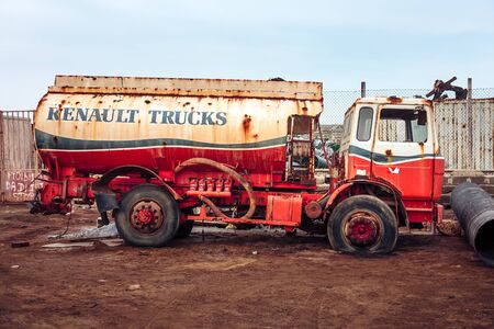 Rusty Renault truck cistern wasted at the scrap-heapのeditorial素材
