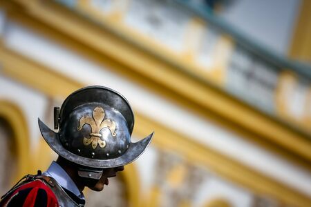 Royal guard wearing a helmet with the Fleur de Lisのeditorial素材