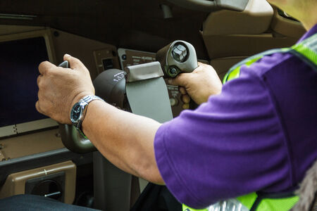 Hand of pilot hold on control column.の写真素材