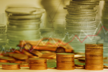 Stack of coins stock financial indices on currency exchange. Financial stock market in accounting market economy analysis. Digital stock exchange trade cost background. Economy financial cost concept;の写真素材