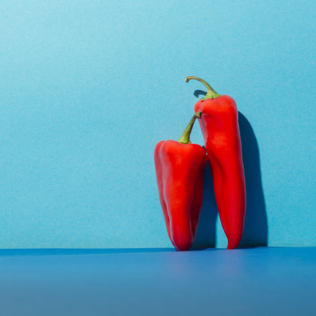 Pair of red peppers posed against a blue backgorund. Minimal romantic concept.の写真素材