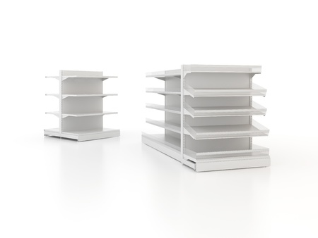 Empty shop shelves isolated on whiteの写真素材