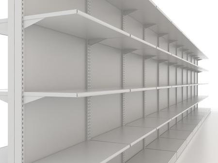 Empty shop shelves isolated on whiteの写真素材