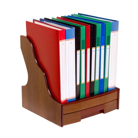 wooden stand with a drawer of foldersの写真素材