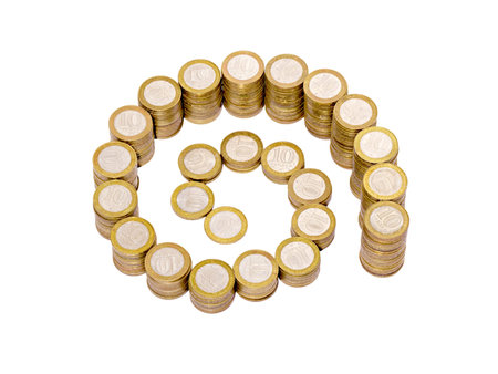 stacks of coins laid out a spiral on a white background