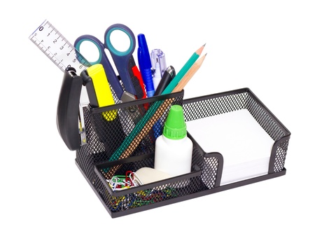 black iron stand with clerical office suppliesの写真素材