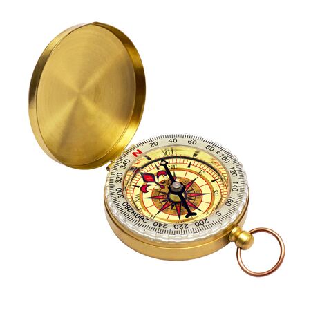 compass in a brass case isolated on white backgroundの写真素材