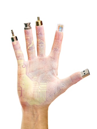 hand with computer terminals at their fingertips isolated on white backgroundの写真素材